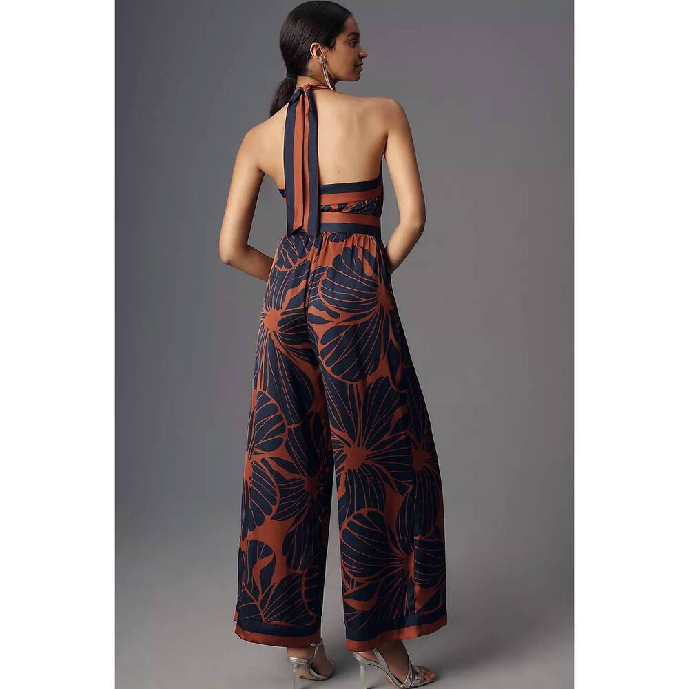 NEW HUTCH benny halter belted floral jumpsuit in orange/ navy - Picture 3 of 5